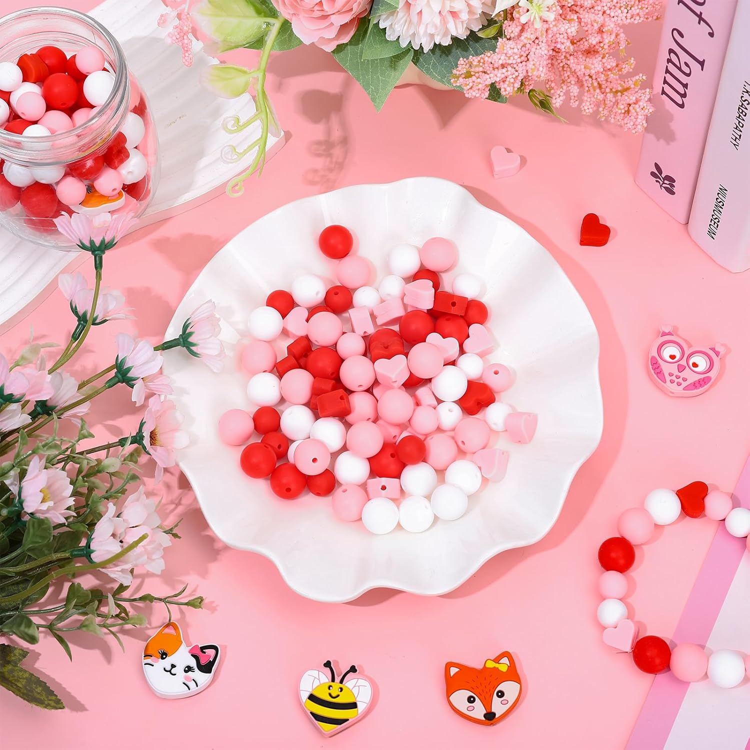 Silicone Beads for Valentine's Day Red Pink Round Heart Shaped Animal Rubber Loose Focal Beads with Elastic Rope for DIY Crafts Pens Keychain Jewelry Bracelet Lanyard Making Kit, 100 Pcs - Image 4