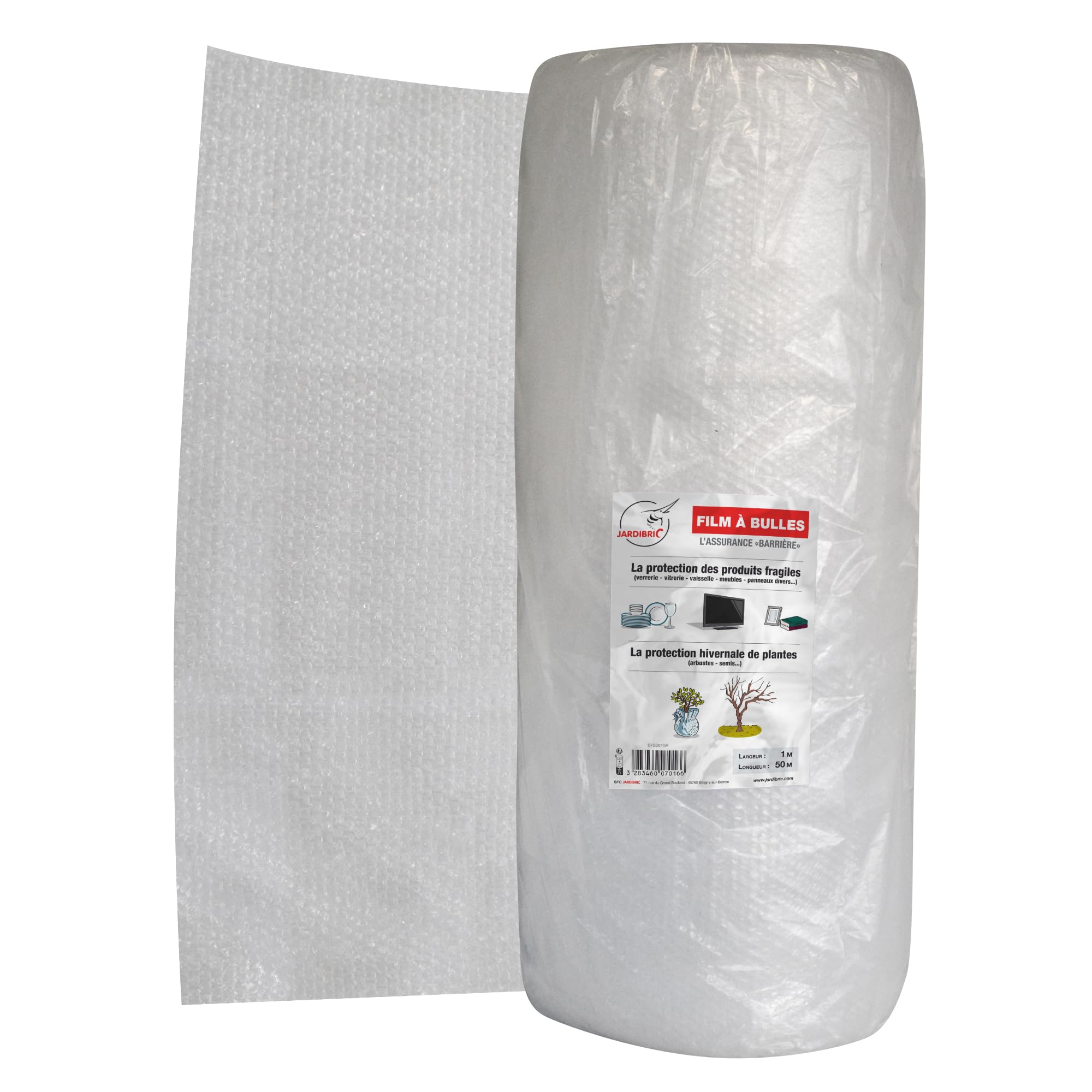 Jardibric - Film à Bulles Polyéthylène 1 x 50 m - Rouleau de Protection Hivernale pour Plantes - Emballage et Déménagement Produits Fragiles