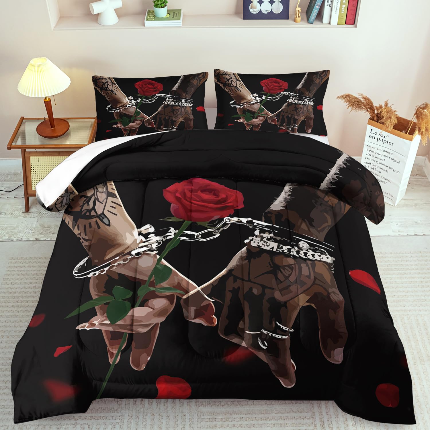 Red Rose Comforter Set Queen Girls Black Goth Comforter Set Couple Rose Bedding for Women Modern Gothic Bedding for Home Couple Bedroom Decor Elegant Home Decor
