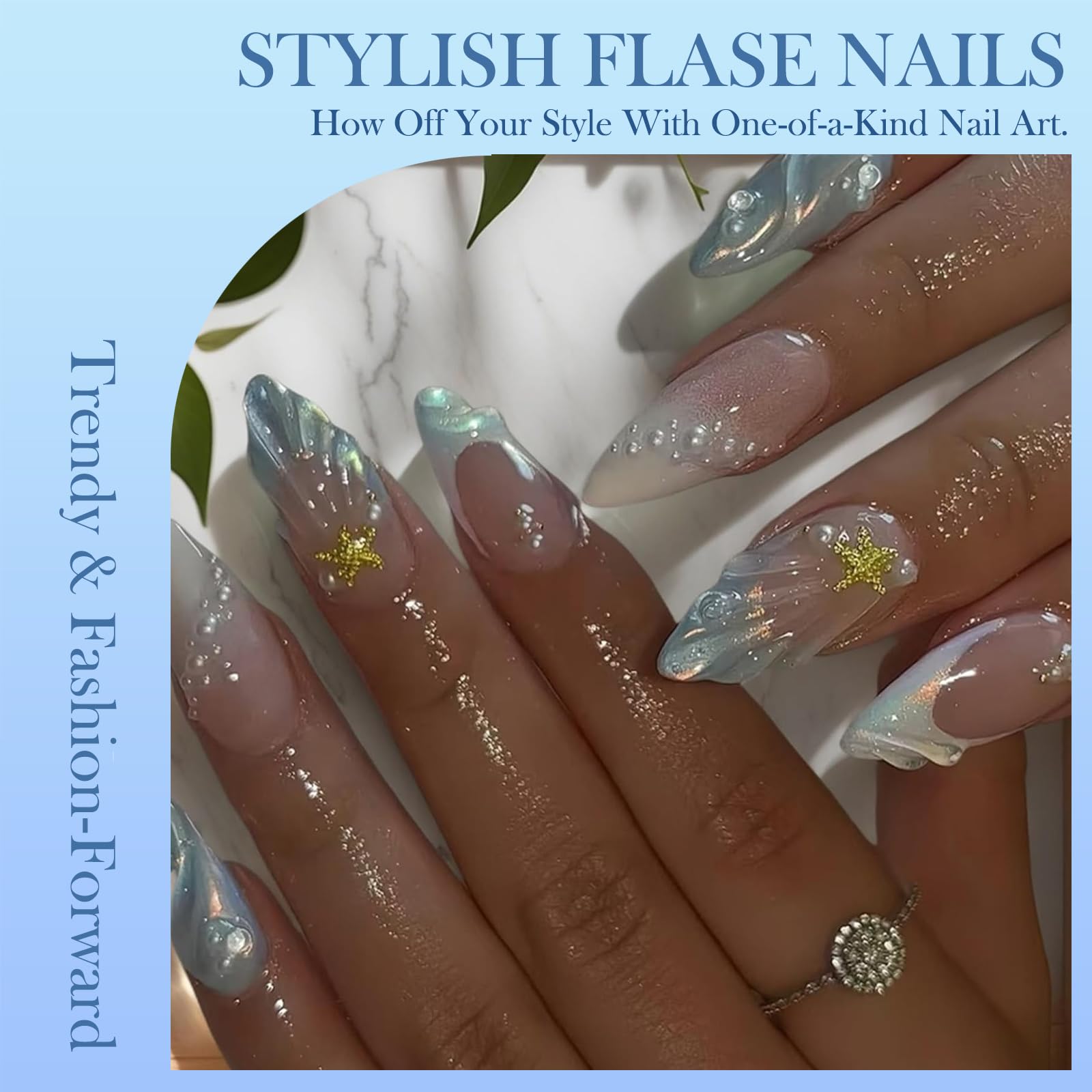24PCS Short Almond Press On Nails With 3D Sea Starfish Shell Design And Blue White French Tip - Image 2