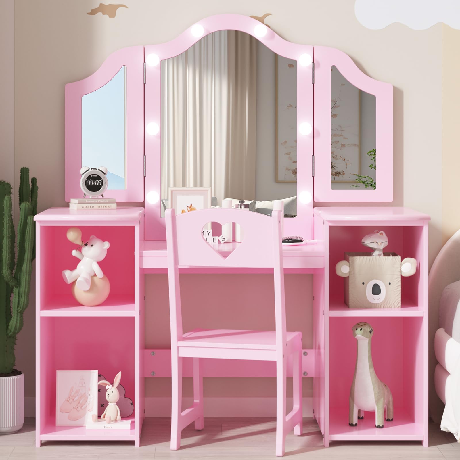 Set di tavolo e sedia da trucco principessa per ragazze, scrivania in legno per bambini con specchio illuminato pieghevole in tre parti, cassetto portaoggetti, piano staccabile, sedia con