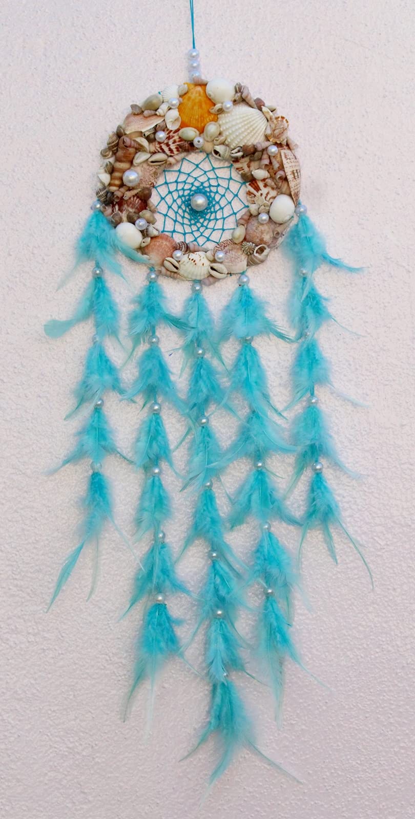 GENERICYuvicreations, Round Shape, sea Shell Dream Catcher for Wall décor, Fine Quality Feathers. Natural Shells, Sky Blue