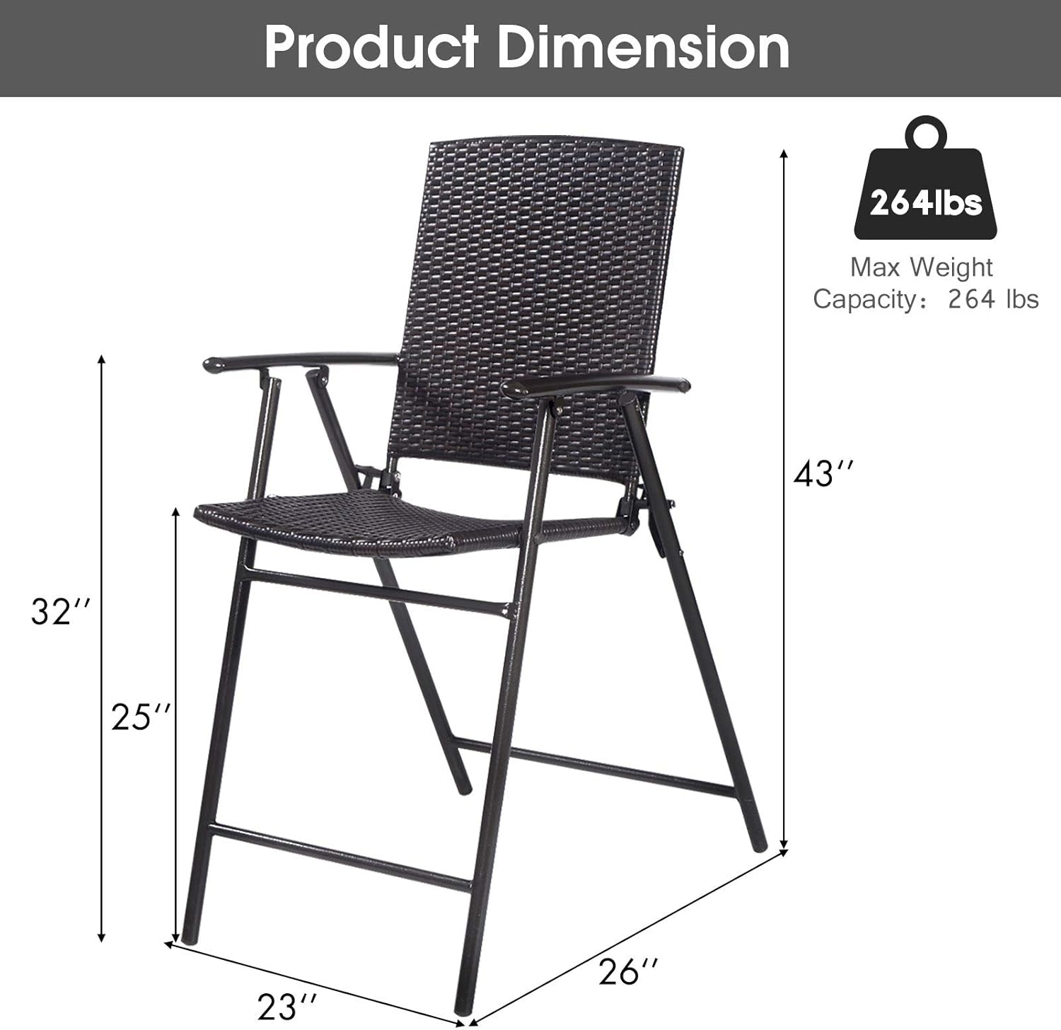 Folding Wicker Rattan Bar Chairs Set of 4, Tall Stool with Back, Steel Frame, Armrests and Footrest, Bar Stools Garden Patio Furniture Set