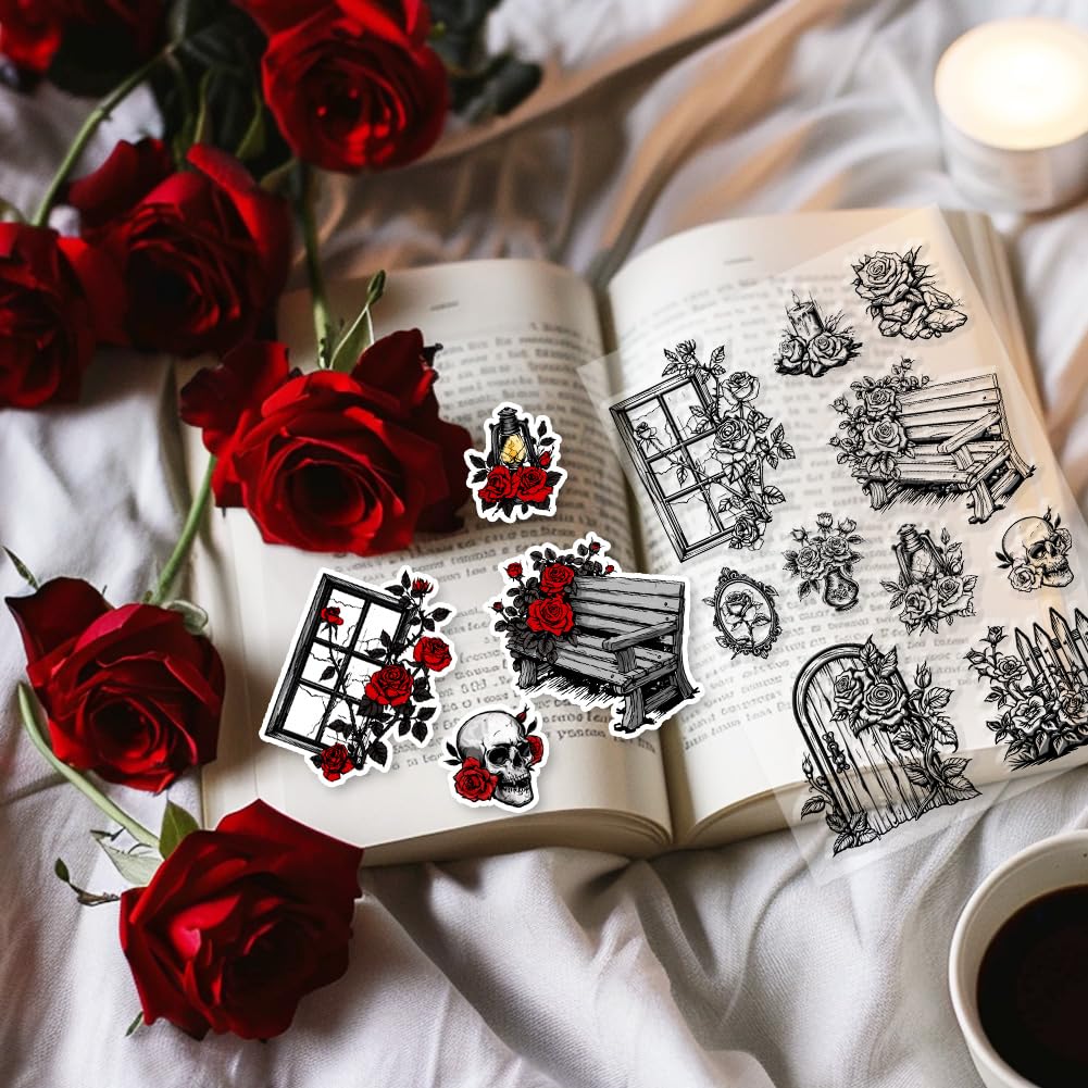 PandaHall Halloween Skeleton Clear Stamps - Skull Flower Butterfly Rubber Stamps 6.3x4.3 Inches