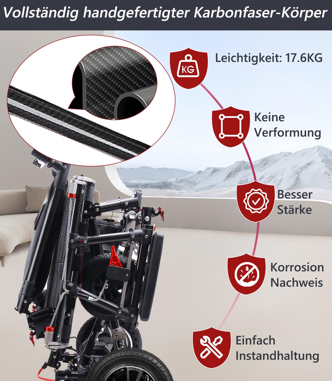 Silla de ruedas eléctrica ultraligera de fibra de carbono (17 kg) | Capacidad de carga: 120 kg y autonomía: 25 km | Batería: 12 Ah