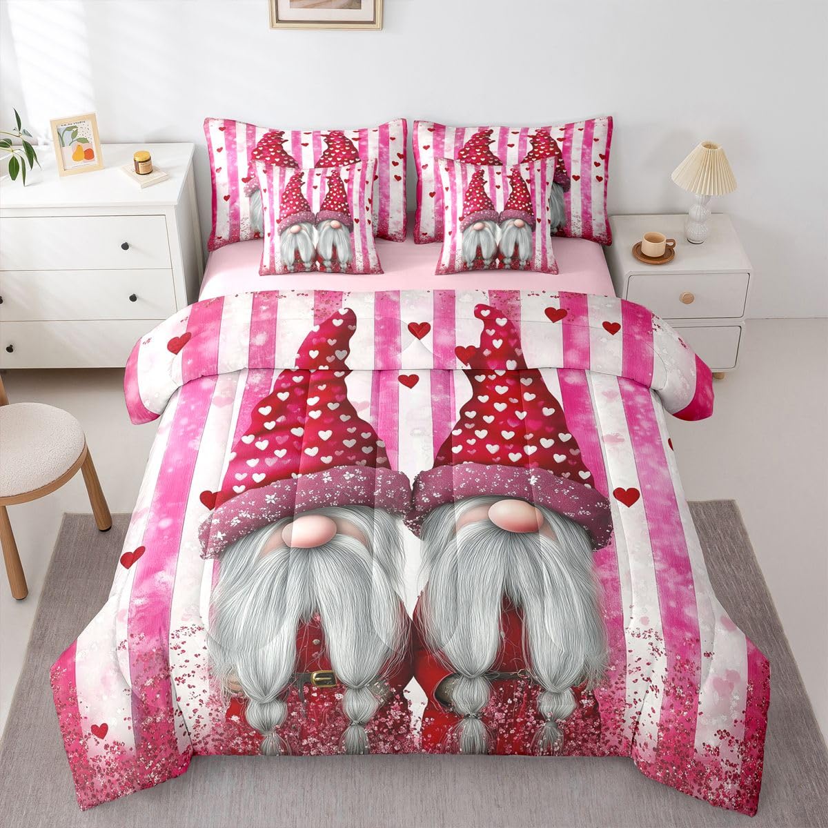 Castle Fairy Cartoon Valentine Gnome 7 PCS Comforter Set,Romantic Glitter Print Bedding Set for Kids Adults Girls,Red Love Hearts Bed in a Bag with Comforter,Sheets and Pillow Cases,Full