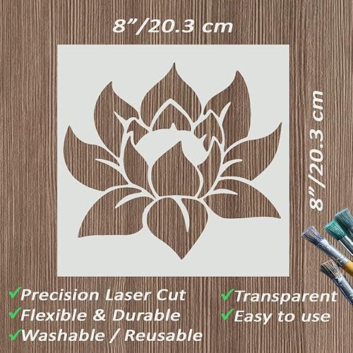 Miniatura 2 de Plantilla de loto grande para pintar en madera, lienzo, papel, tela y muebles, plantilla de flor de loto, 8 x 8 pulgadas, plantillas reutilizables