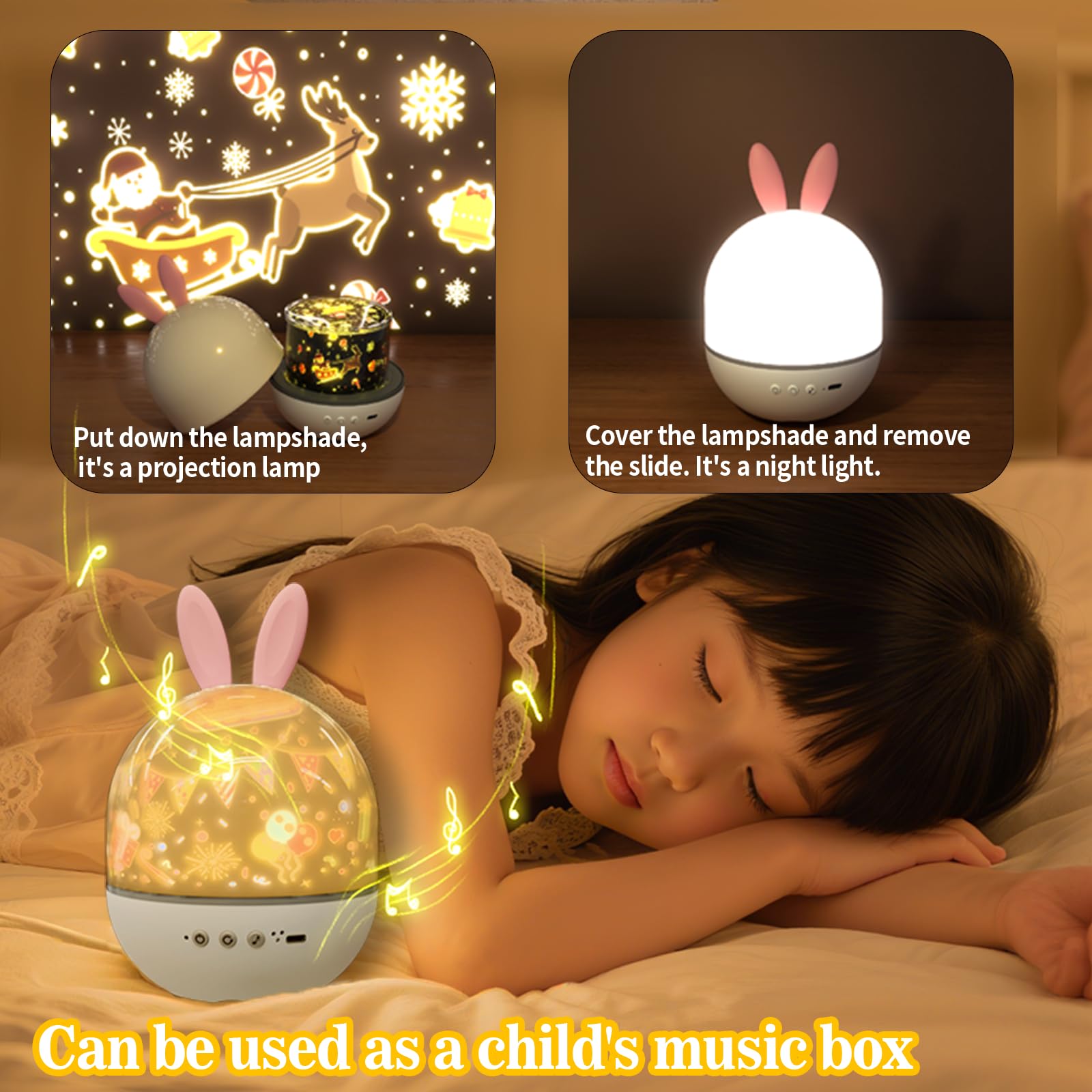 Colorful Life Proyector de estrellas de conejo, luz nocturna para habitación de niños con control remoto, 8 música y 6 películas, lámpara LED giratoria (blanco, cálido, azul hielo, modelo de ocho