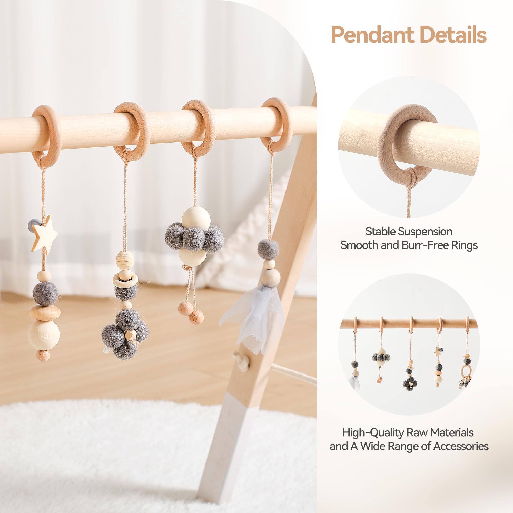 Promise Babe Wooden Baby Play Gym Arch with 5 Detachable Sensory Toys, Gray Cotton Pendant Design, Newborn Baby Essentials - Image 3
