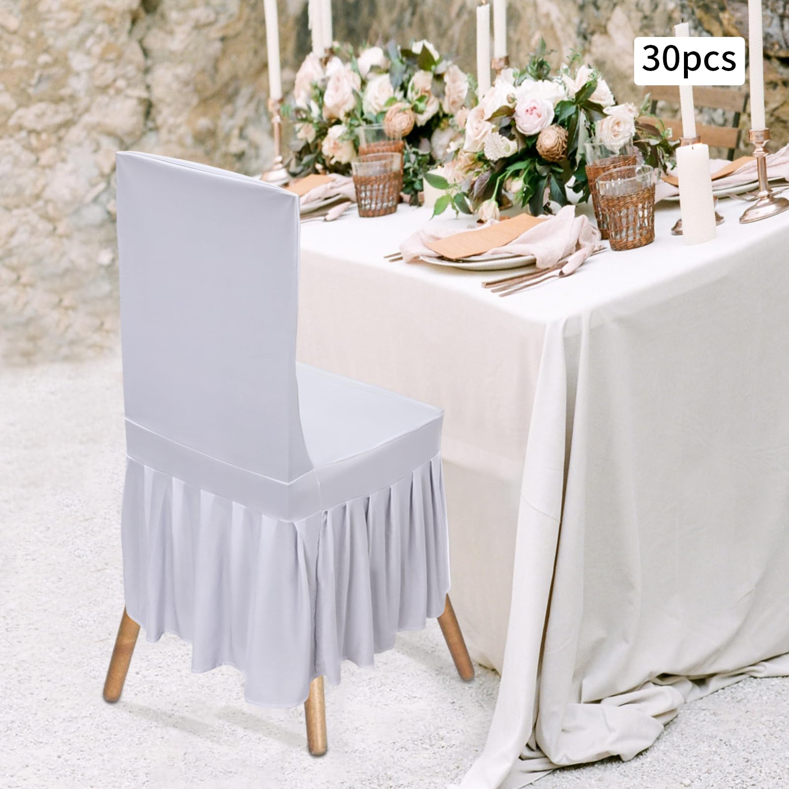 Stuhlhussen Weiß 30 Stück,95% Polyester+5% Elasthan Spandex-Stuhlhussen für Wohnzimmer, universeller Esszimmerstuhl-Schonbezug Stretch Stuhl Slipcover mit Rock, für Hochzeit, Bankett und Party