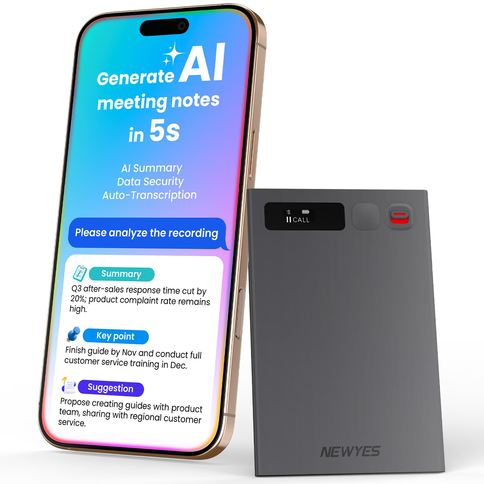 AI Voice Recorder,NEWYES Ailog Voice Recorder Device with App Control,Transcribe & Summarize,64GB Memory, Smart Audio Recorder for Meetings,Lectures,Calls,Business,Class (grey)