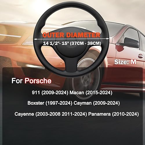 Miniatura 7 de Funda para volante de automóvil para Porsche 911 Macan Cayenne Panamera Boxster Cayman Accesorios, Cuero Negro 2024 14  ''-15''