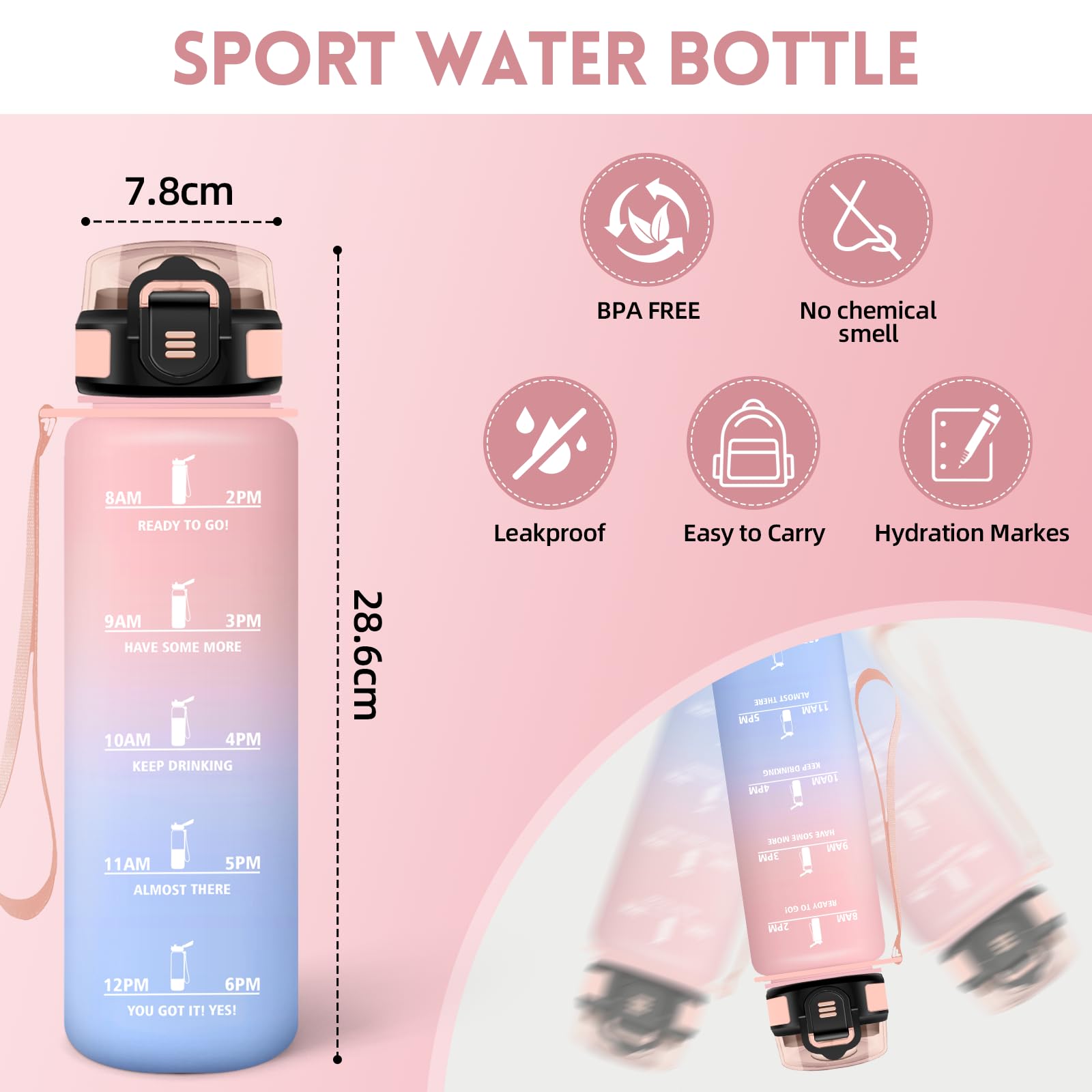Motswedi Borraccia 1 litro,Riutilizzabile, Borraccia Motivazionale, a Prova di Perdite, Bottiglia Acqua, Senza BPA, Borracce, per Sport, Ufficio, Ciclismo, Palestra, Rosa&Blu cielo