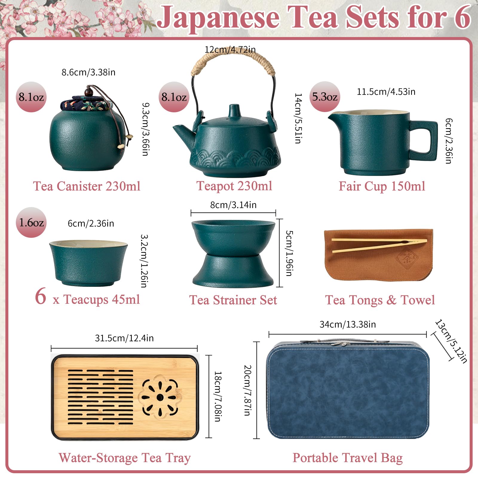 Service à thé chinois japonais, 14 pièces Gongfu avec 6 petites tasses, plateau à caniste, passoire traditionnelle, kit de cérémonie du thé Kung Fu portable en céramique pour la maison, le bureau, les