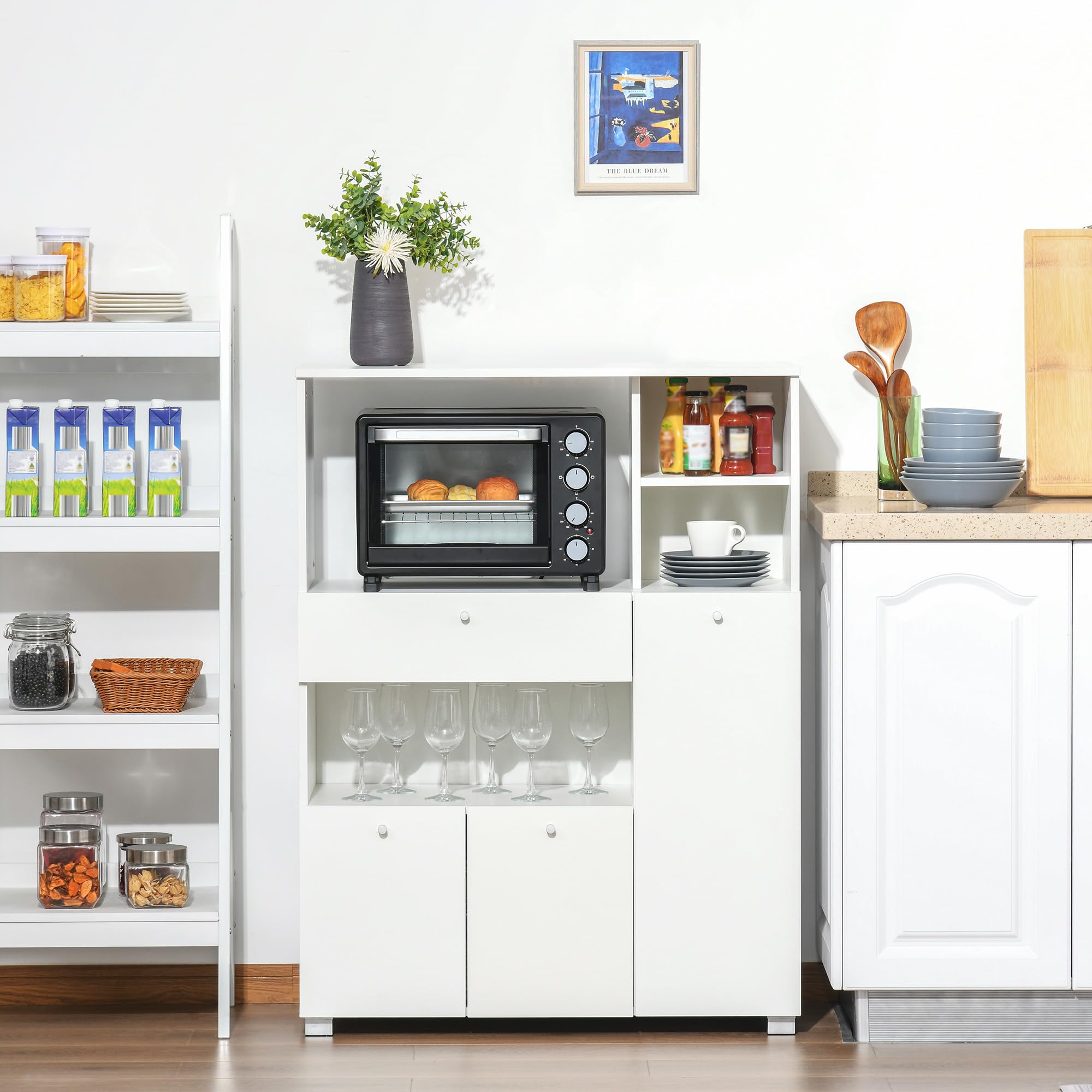 HOMCOM Credenza da Cucina per Microonde e Forno, Mobile Cucina con Armadietti, Mensole e Cassetto, Mobile Dispensa Moderna in Truciolato per Soggiorno, 90x40x120 cm, Bianco