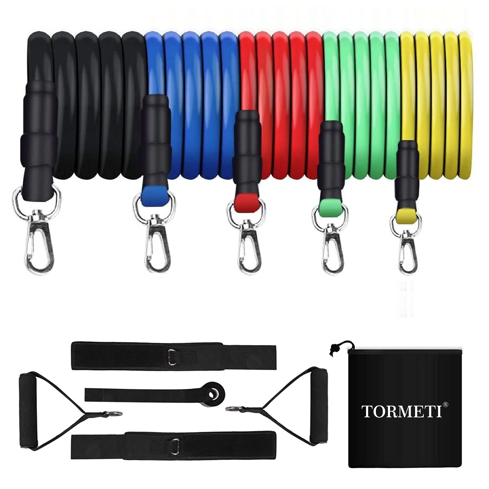 Tormeti Exercise Resistance Bands Set Perfect for Home Workout Bands, 5 Tube Fitness Bands with Door Anchor, Handles, Legs & Ankle Adjustable Straps for Muscle Training D-Rings (Black & Yellow)