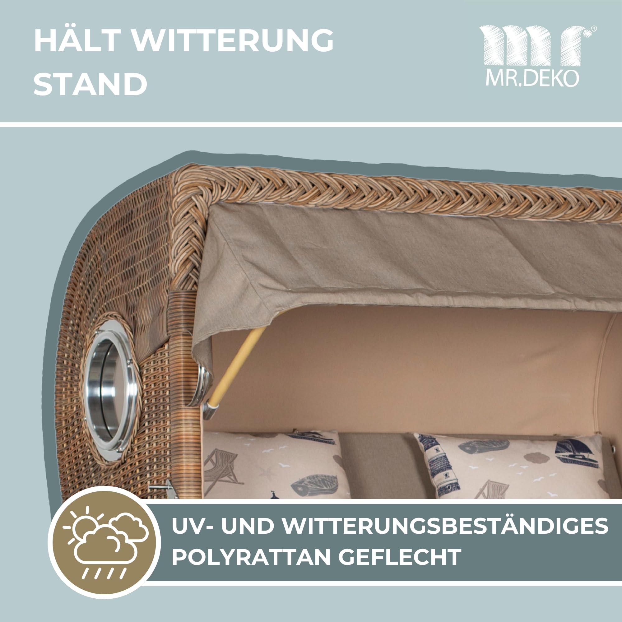 MR. DEKO® Strandkorb Düne Grande XL 2,5-Sitzer Teak | PE Geflecht Banana - Dessin 540 | Volllieger Strandstuhl mit Bullauge inkl. 2 Fußablagen | je 2 Kissen und Nackenkissen | Strandkörbe aus Teakholz