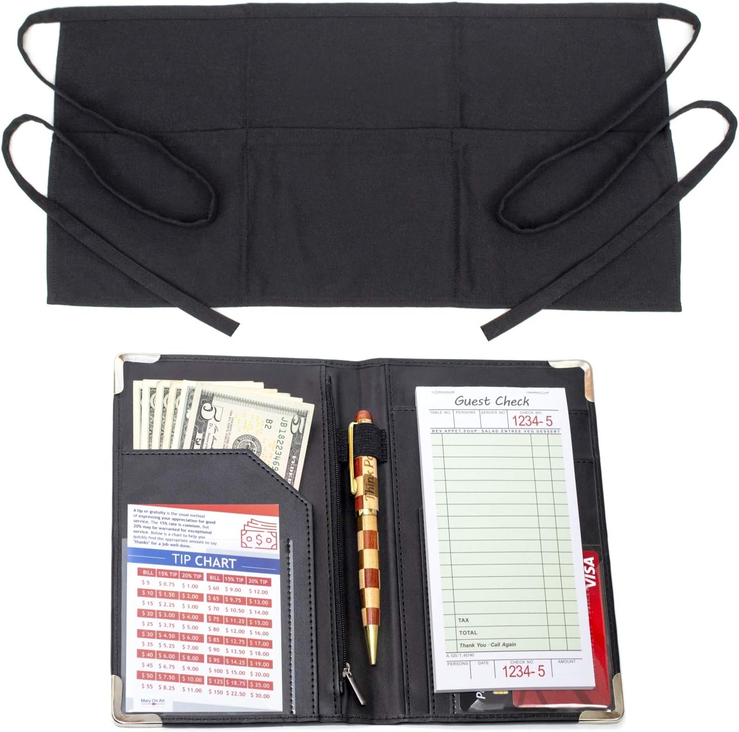 MaryOnArt Waiter Server Book and Apron - Waitress Book 8.2''x5.2'' Guest Check Zipper Pouch - Server Wallet Pads Holder Money Pocket Restaurant Waitstaff with Free Waist Apron Black and One Tip Chart
