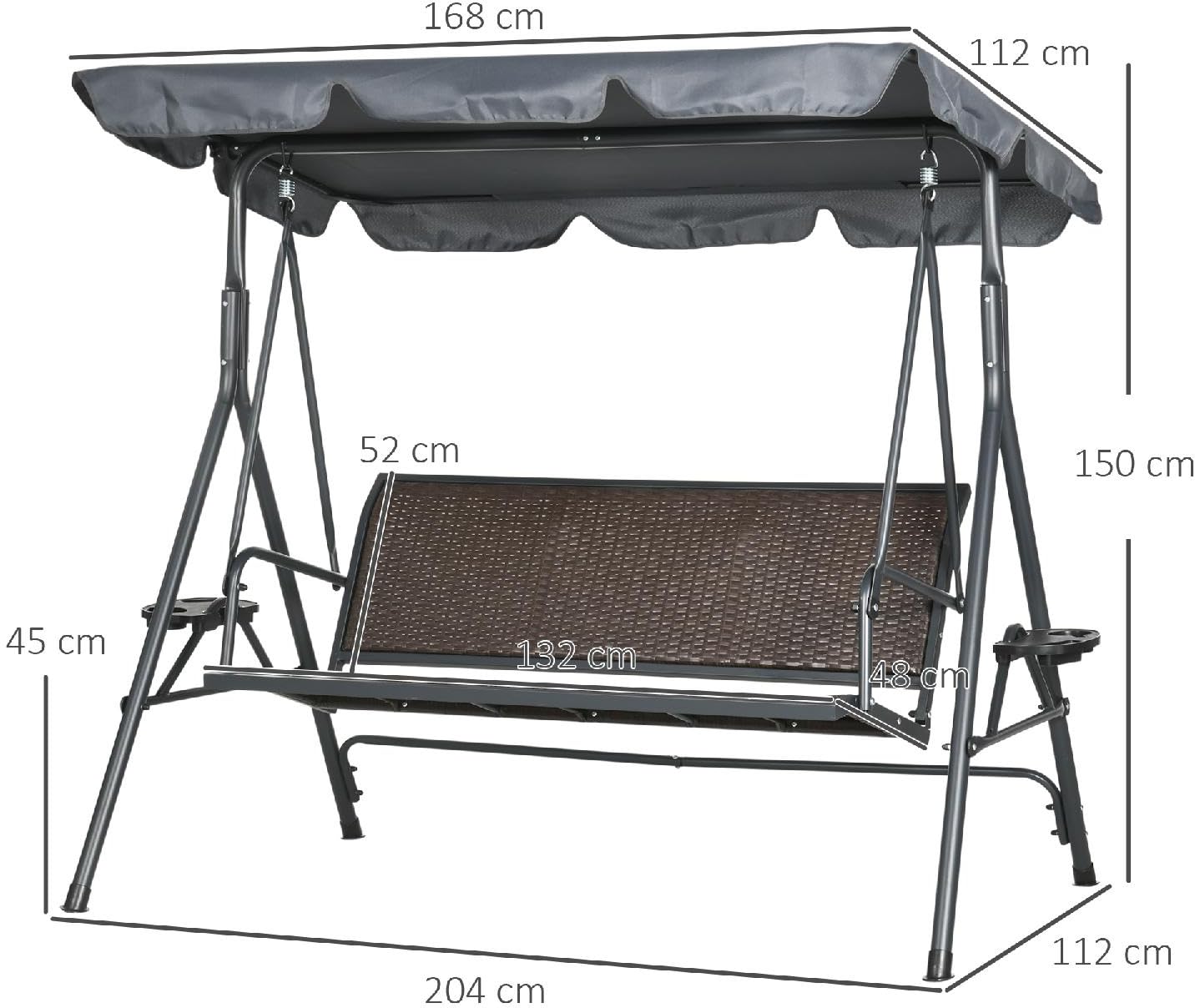 Dondolo da Giardino 3 Posti con Tettuccio Parasole e Portabicchieri in Acciaio/Poliestere/Rattan PE Dimensioni 204x112x150 cm Colore Grigio Scuro/Marrone