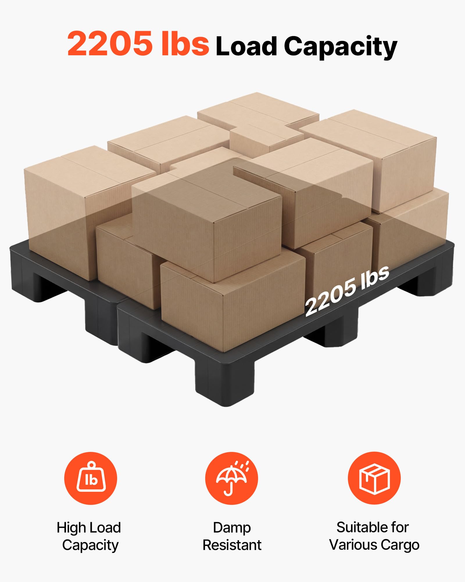 VEVOR Plastikowa paleta zestaw 2 wodoodpornych i lekkich podnóżków do piwnicy, magazynu i supermarketu, maksymalne obciążenie 1000 kg, do użytku wewnątrz i na zewnątrz, 100 x 50 x 13,6 cm, czarny