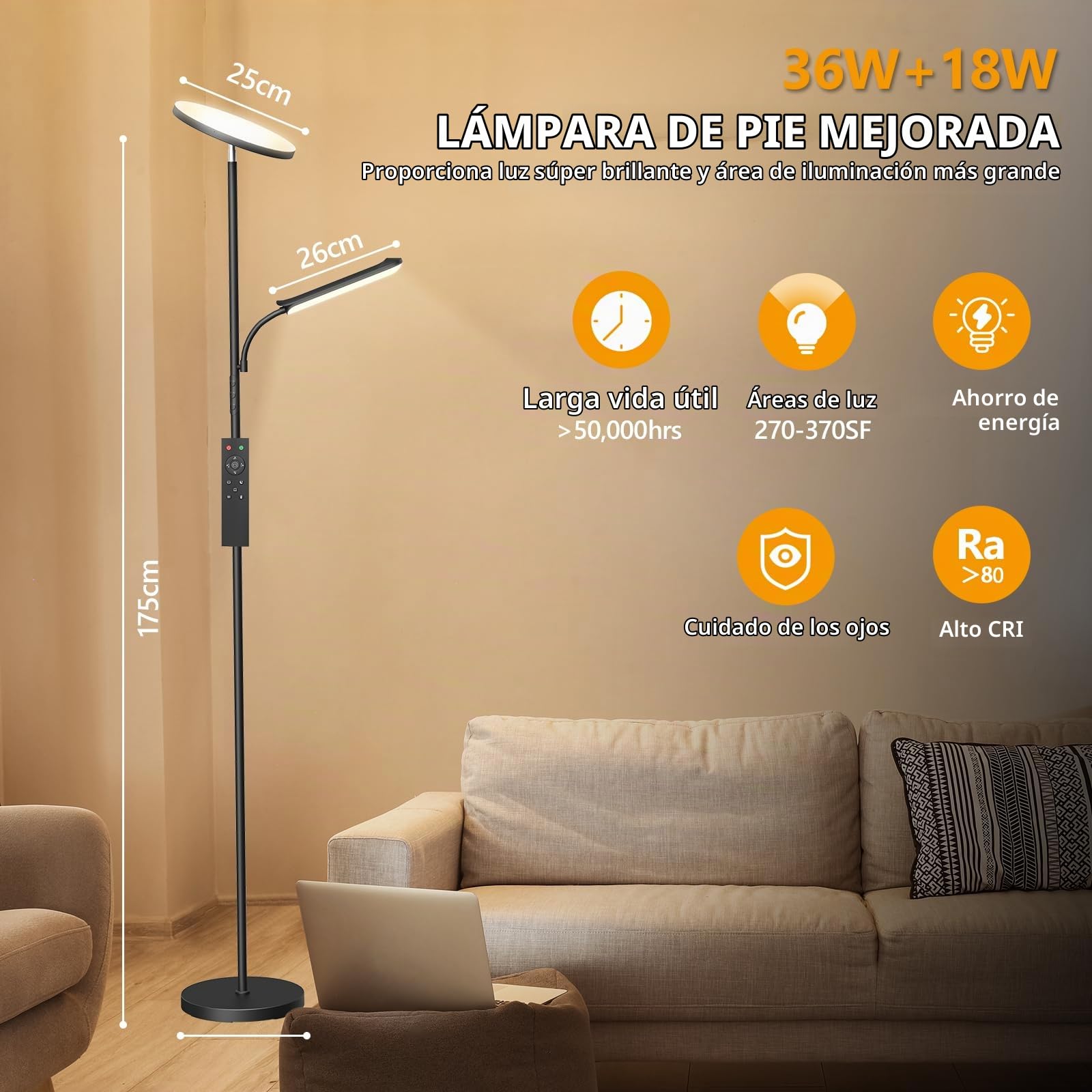 Lámpara de Pie LED Regulable 42W 4000LM, LED Lámpara de Pie Salon con Lámpara de Lectura, Control Remoto y Táctil, Ajuste Temperatura de Color y Brillo