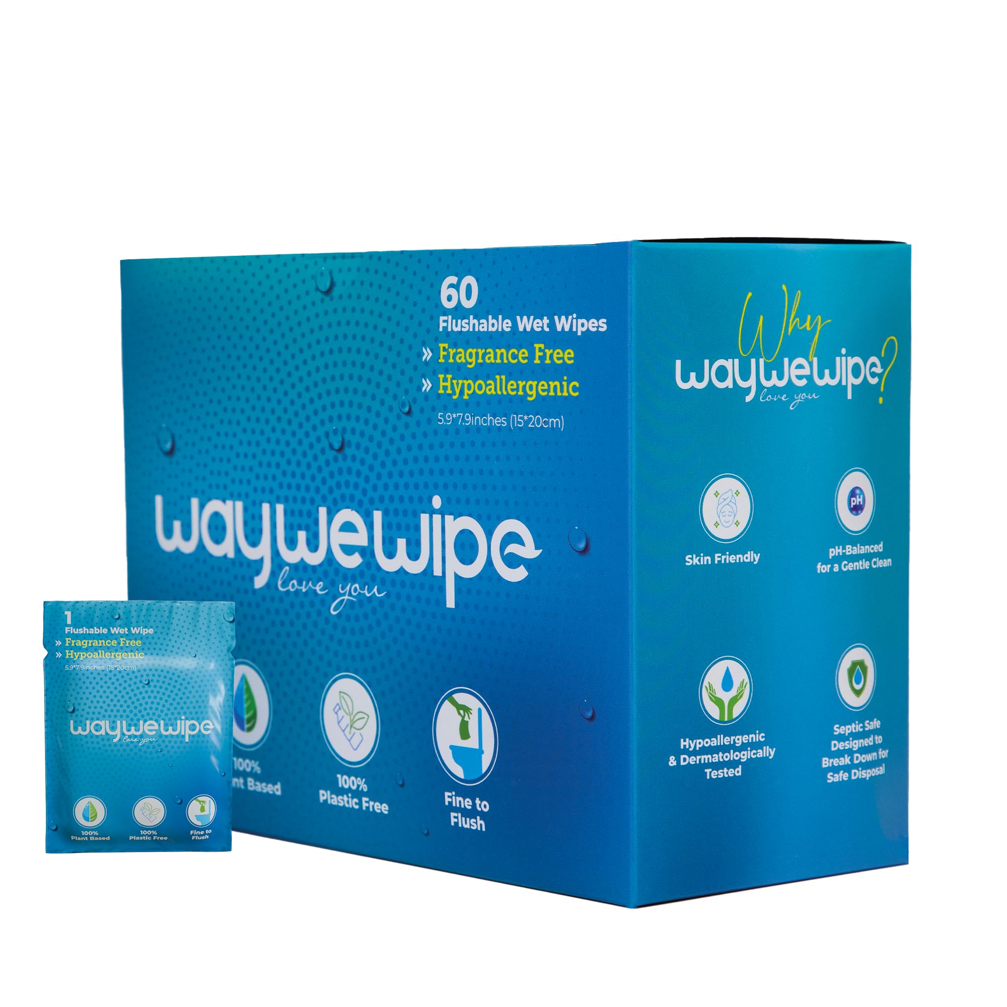 Waywewipe On-The-Go Flushable Wet Wipes, 60 Count XL Individually Wrapped Adult Wipes, Hypoallergenic 100% Plant Based Septic Safe, Travel Size