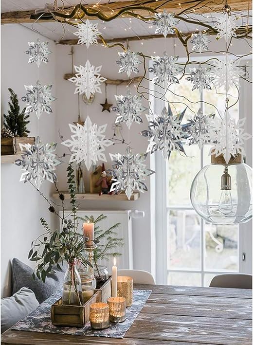 Crafare Christmas 3D Hanging Snowflakes Ornaments 3 Size 18PCS White Silver Snowflakes Hanging Garland for Winter Wonderland Holiday New Year Party Home Decoration