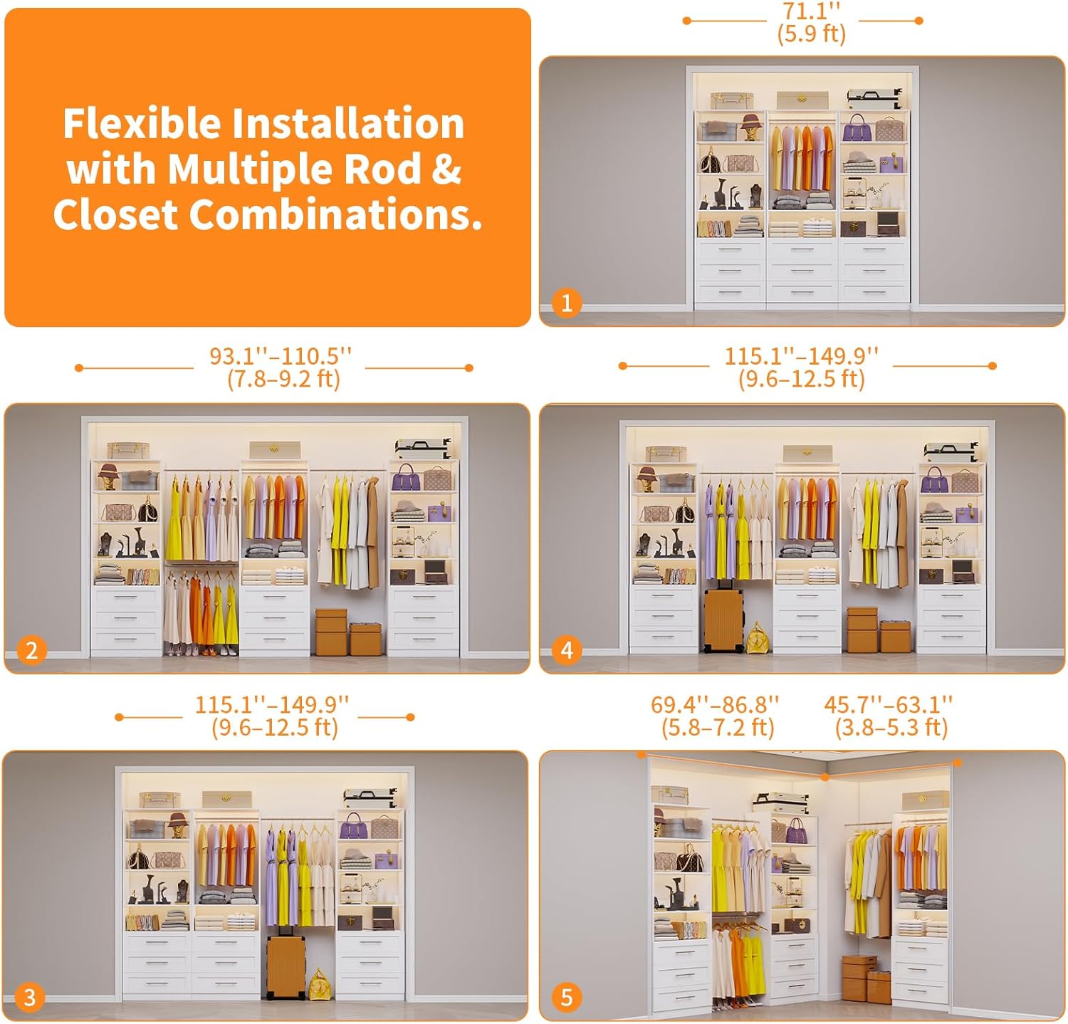 Closet System with 3 Sets, 6–16 FT Closet System with 9 Drawers, 9 Shelves & 4 Adjustable Hanging Rods, Max 189.3" Closet Organizer Systems for Walk-in Closets, Modular Custom Closet Tower, White