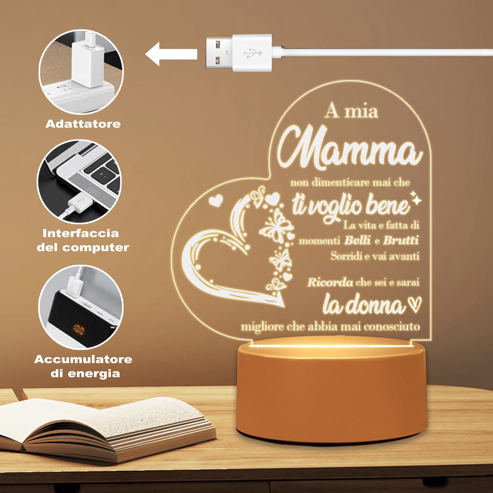 Keepelgant Regalo Mamma, Luce Notturna in Acrilico, Regalo Compleanno Mamma, Regalo Per Mamma Da Figlia, Regali Per La Mamma, Idee Mamma Regalo Per Festa Della Mamma, Natale