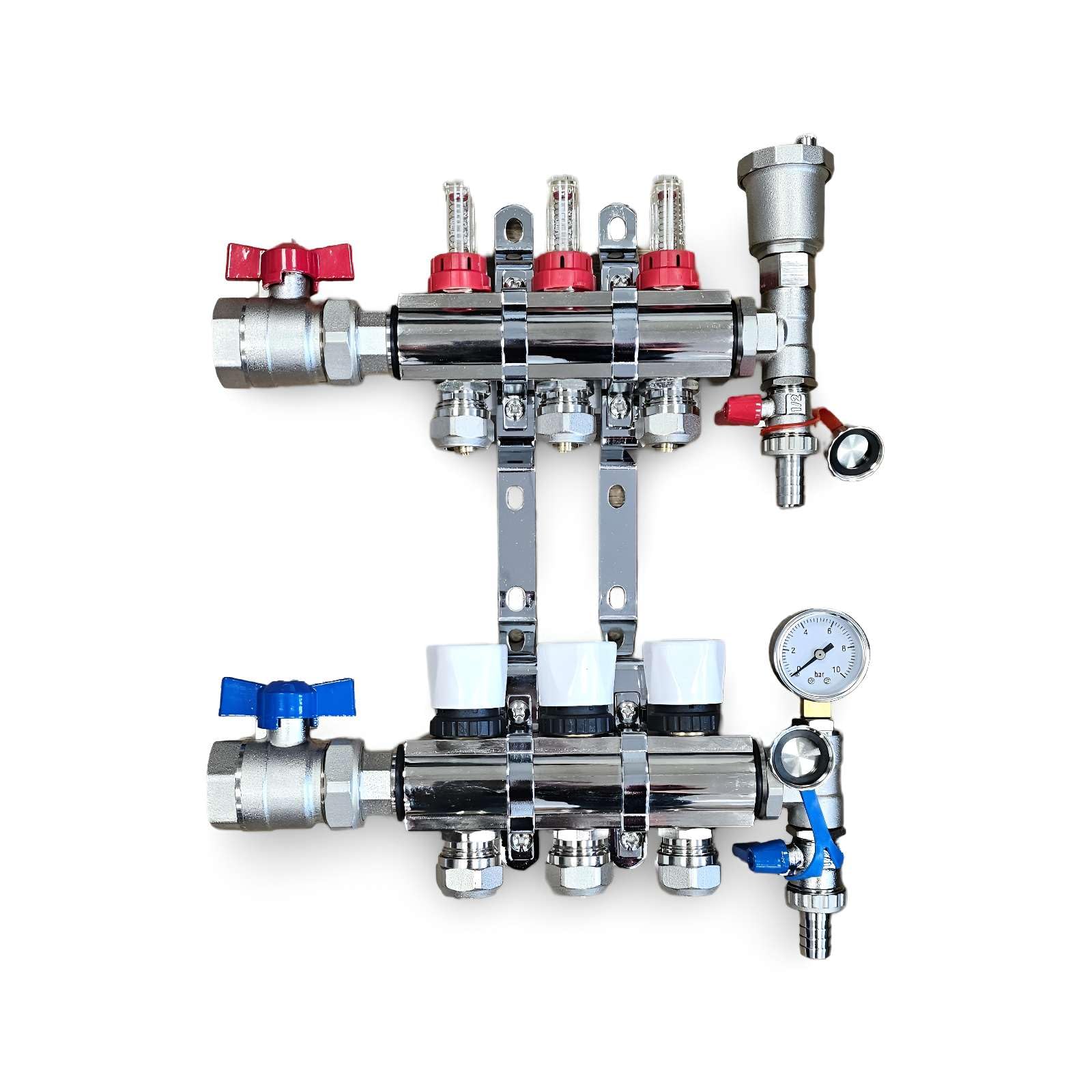 3 Port Underfloor Heating Complete Manifold with Pipe Connections, Ball Valves, Automatic Air Vent and Pressure Gauge End Unit (16mm eurocones)