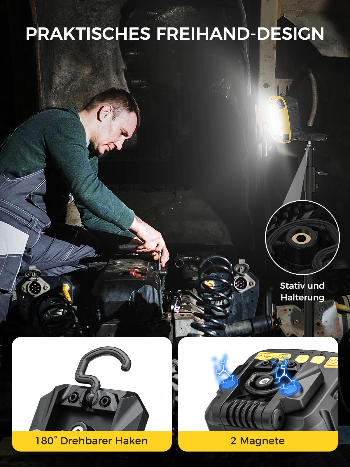 Smiling Shark Arbeitsleuchte, 4000 Lumen LED Werkstattlampe 7500 mAh Wiederaufladbare 18 Modus Licht Wasserdicht COB Werkstatt Lampe mit Magnet für Working Reparatur Garage Camping Outdoor