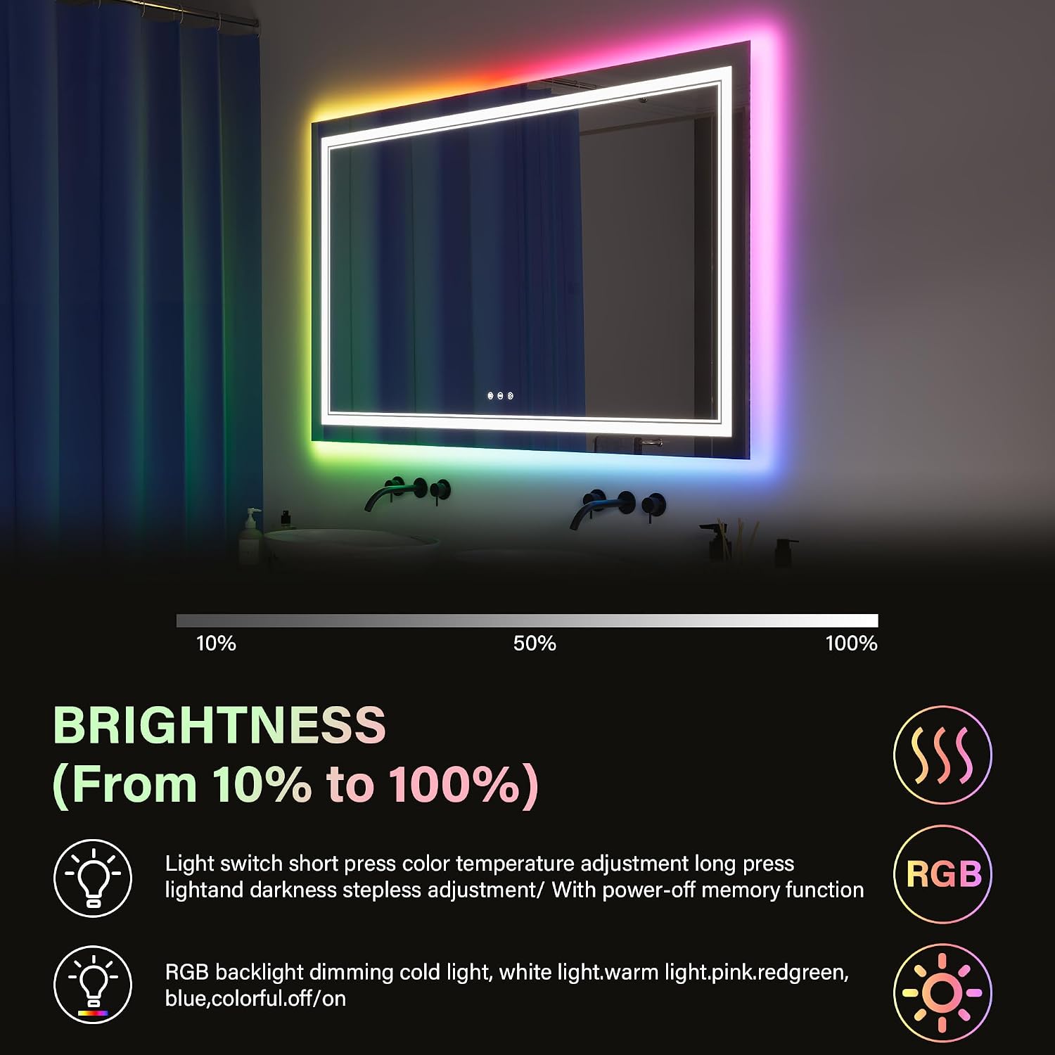 GarveeHome 60X28 RGB LED Bathroom Mirror with Front and Backlit Lighting, Dimmable 3-Color Vanity Mirror with Anti-Fog Function, Memory Feature, Shatter-Proof Design, IP54 Waterproof