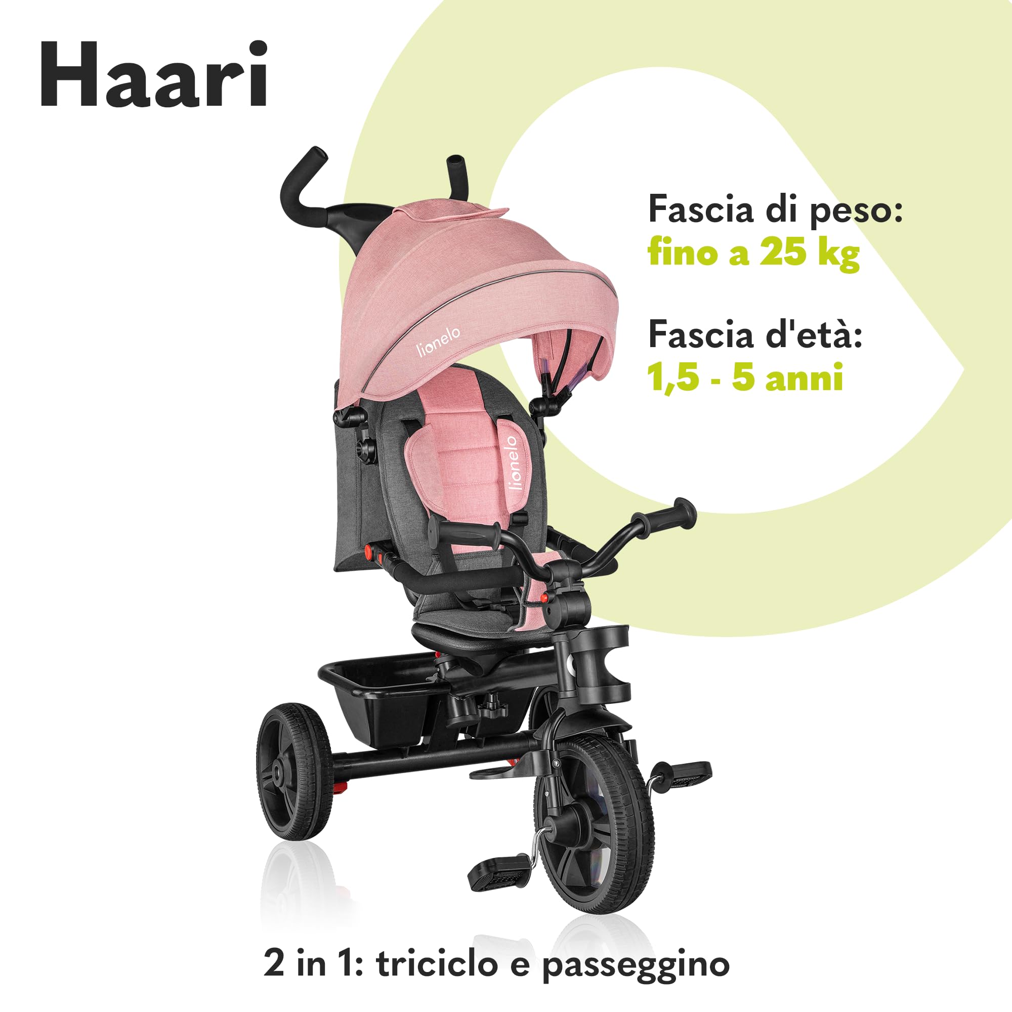 Lionelo Haari 2 in 1 Triciclo bici e passeggino fino a 25kg, Pieghevole, Fronte mamma e fronte strada, Regorabile compatto con Borsa e portabibite, Cinture a 3punti Triciclo per bambini da 1 a 5 anni