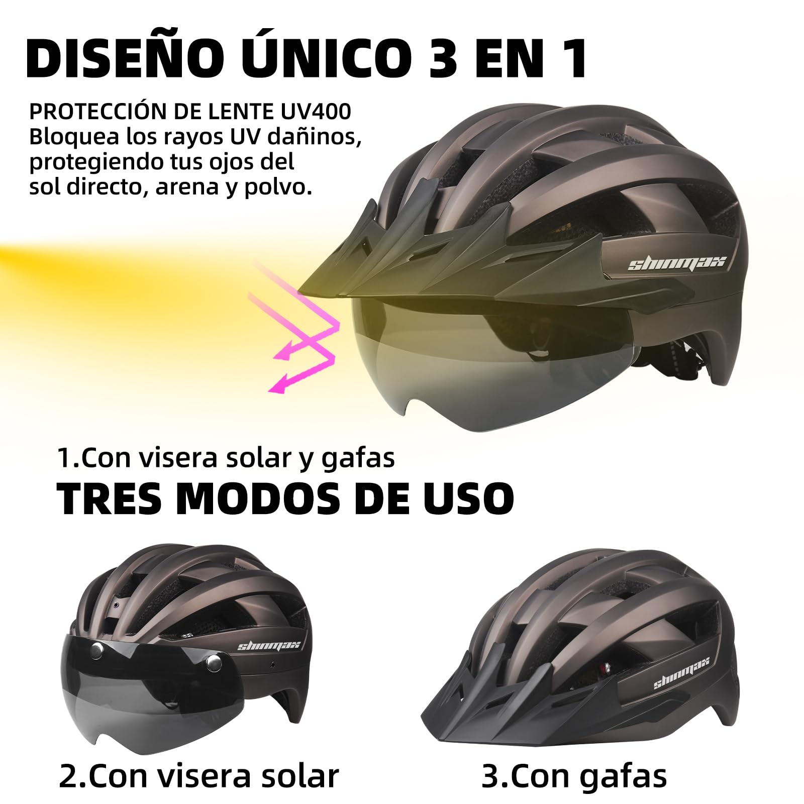 Shinmax Casco Bicicleta Adulto Casco Bici con LED Luz Recargable USB Casco MTB con Visera Desmontable Gafas Magnética Protectora UV Casco de Bicicleta para Mujer Hombre 57-62cm NR-032