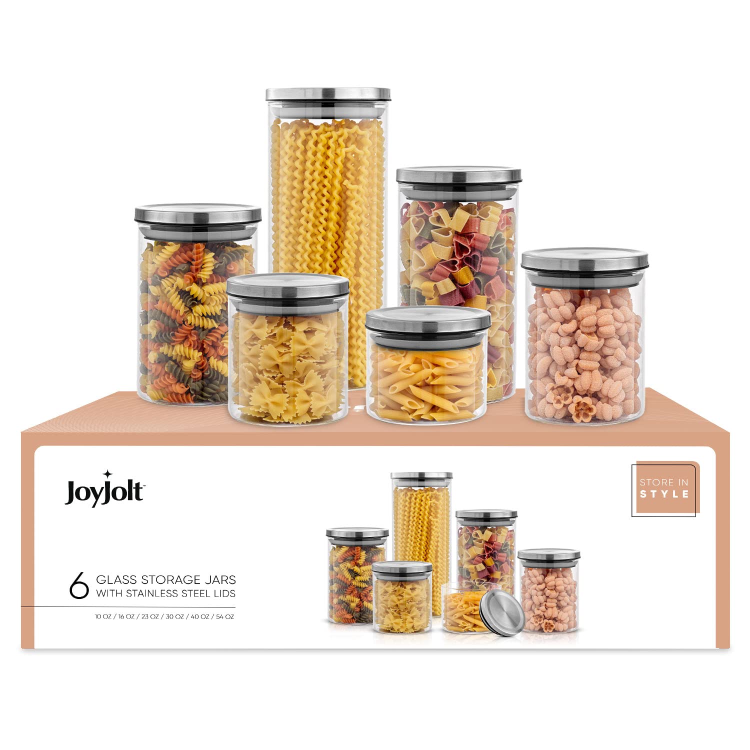 JoyJolt Set di 6 barattoli in vetro con coperchio in acciaio inox con coperchio ermetico per dispensa o bancone, per dispensa versatile, contenitore per zucchero o cereali