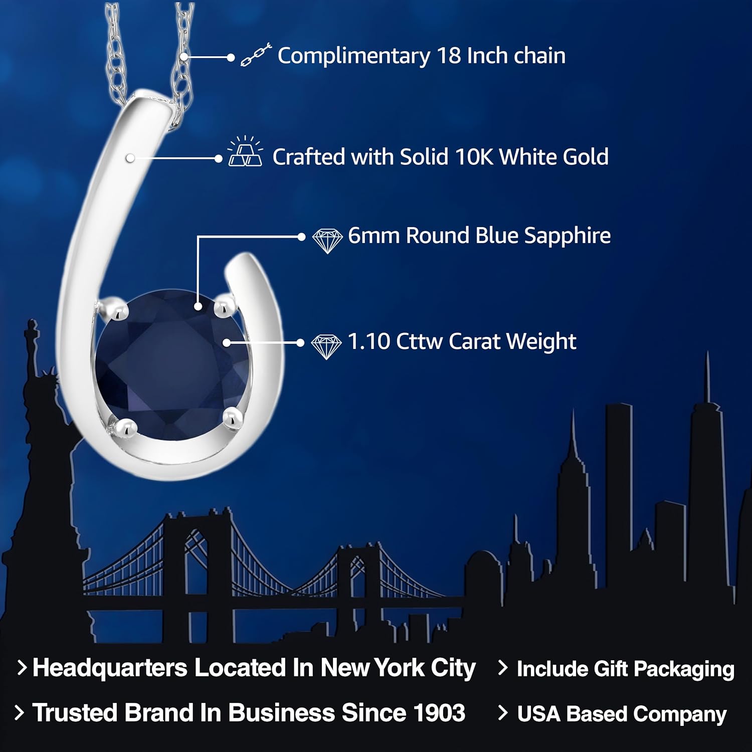 Gem Stone King 10K White Gold Gemstone Birthstone Pendant Necklace | Round 6MM | Gold Necklace for Women | With 18 Inch Chain - Image 2