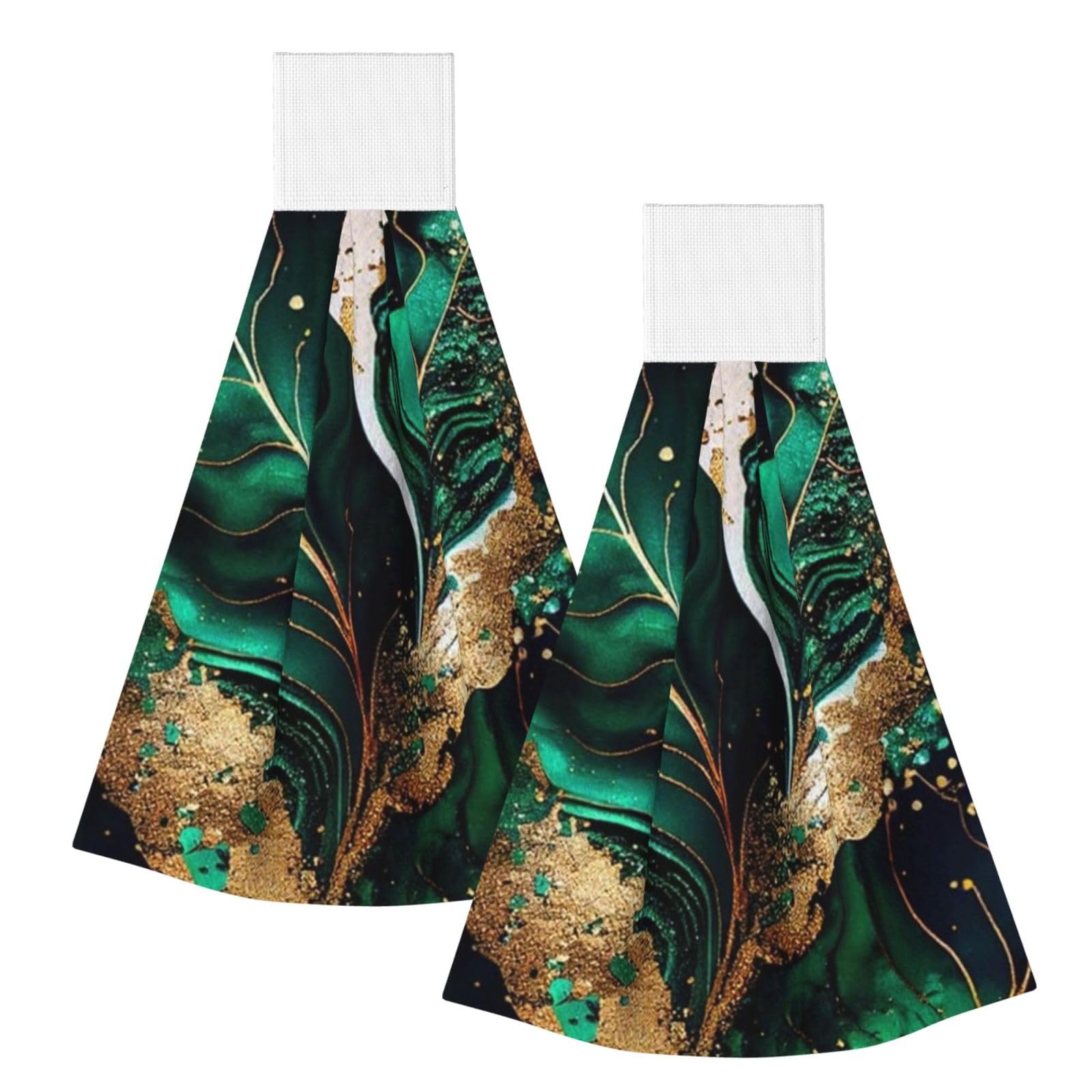 DOPKLNA Emerald Green Marble, 2 Pcs Hanging Coral Fiber Hand Towels for Bathroom, Absorbent Kitchen Towels