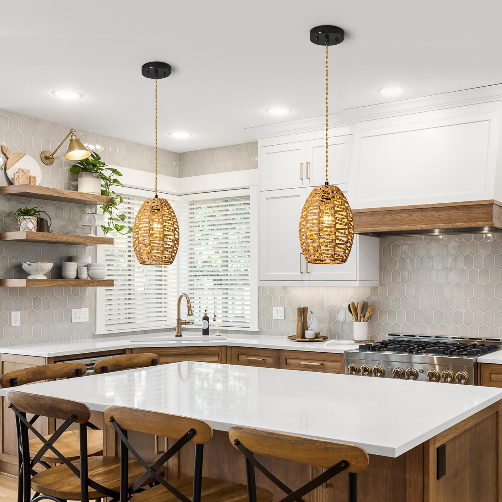 ZPBSJ Brown Rattan Pendant Light Kitchen Island Chandelier Height Adjustable Boho Lamp E27 Basket Lamp for Farmhouse Living Room (1Pack) - Image 3