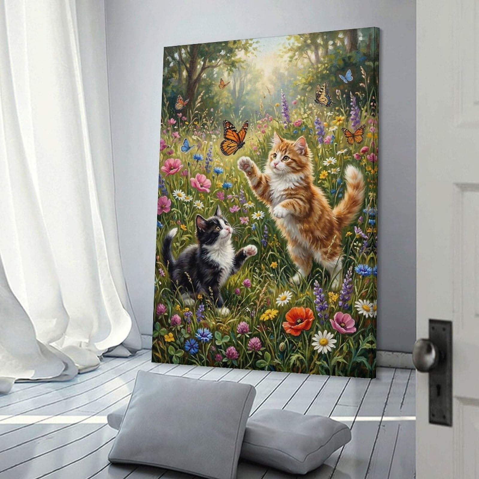 Junmoney Frame-Style-14 Kittens Playing With Butterflies In A Meadow Wall Picture Print, 12X18inch(30X45cm), For New Homes, Bedrooms Or Workspaces, Thoughtful Wall Decor For Art Lovers