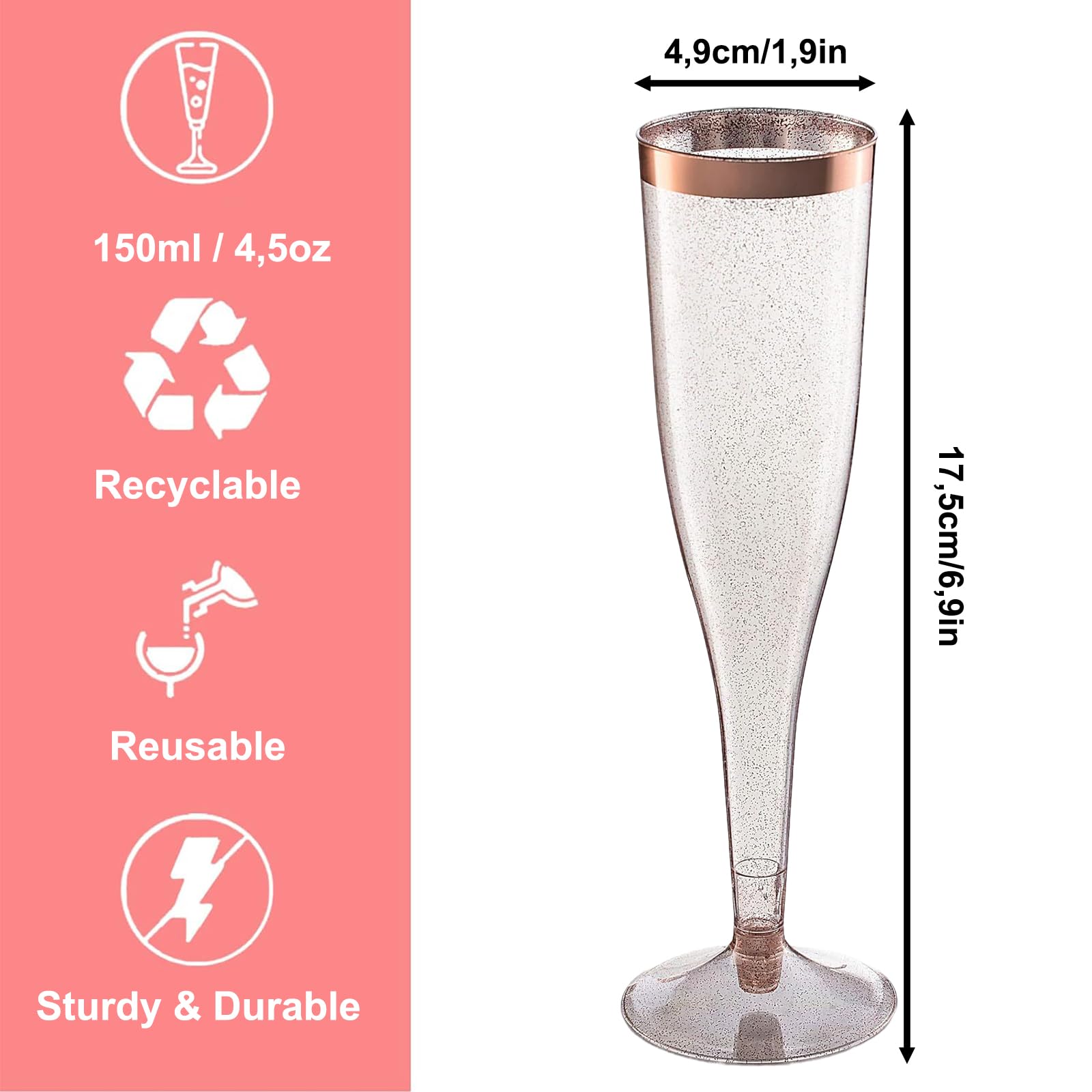 50 Stück Sektgläser Plastik, 150ml Champagner Gläser mit Roségoldrand und Roségoldglitter aus Kunststoff, Sektglas Plastik Mehrweg für Mimosa Bar Hochzeit Party Picknick im Freien