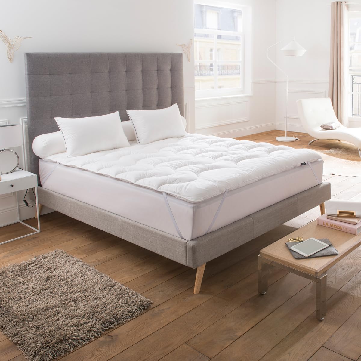 DROUAULT - Surmatelas Surconfort Saphir Blanc 140x190 cm - Fibre Creuse Siliconée 700g/m² - Elastiques - Confort hôtellerie - Accueil Douillet - Enveloppe 100% Coton - Lavable 40°C
