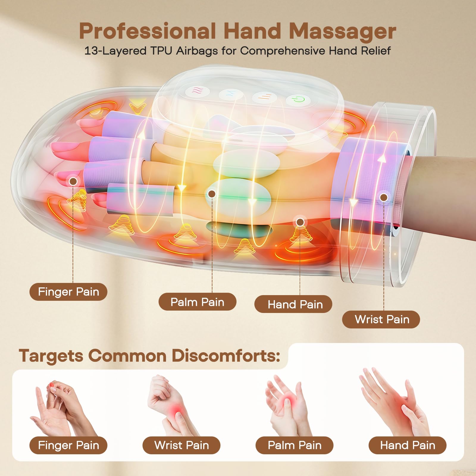 Masajeador de Manos Eléctricos Inalámbrico con Calor y Compresión, 3 Modos, 5 Niveles, 3 Temperaturas, Masajeador Manos Artrosis, Relaja las Mano, Regalo para Hombres y Mujeres