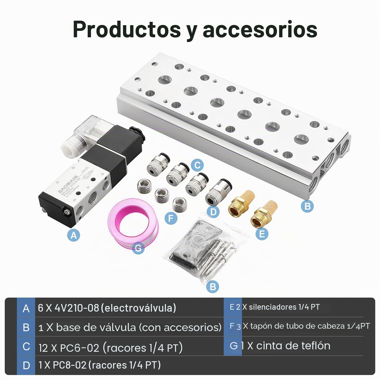 BAOMAIN Bloque de Válvulas Solenoides Neumáticas 4V210-08, 6 Estaciones, 5 Vías 2 Posiciones, 24V DC, Puerto 1/4" PT, Colector de Aire con Silenciadores y Conectores Rápidos, Control Industrial