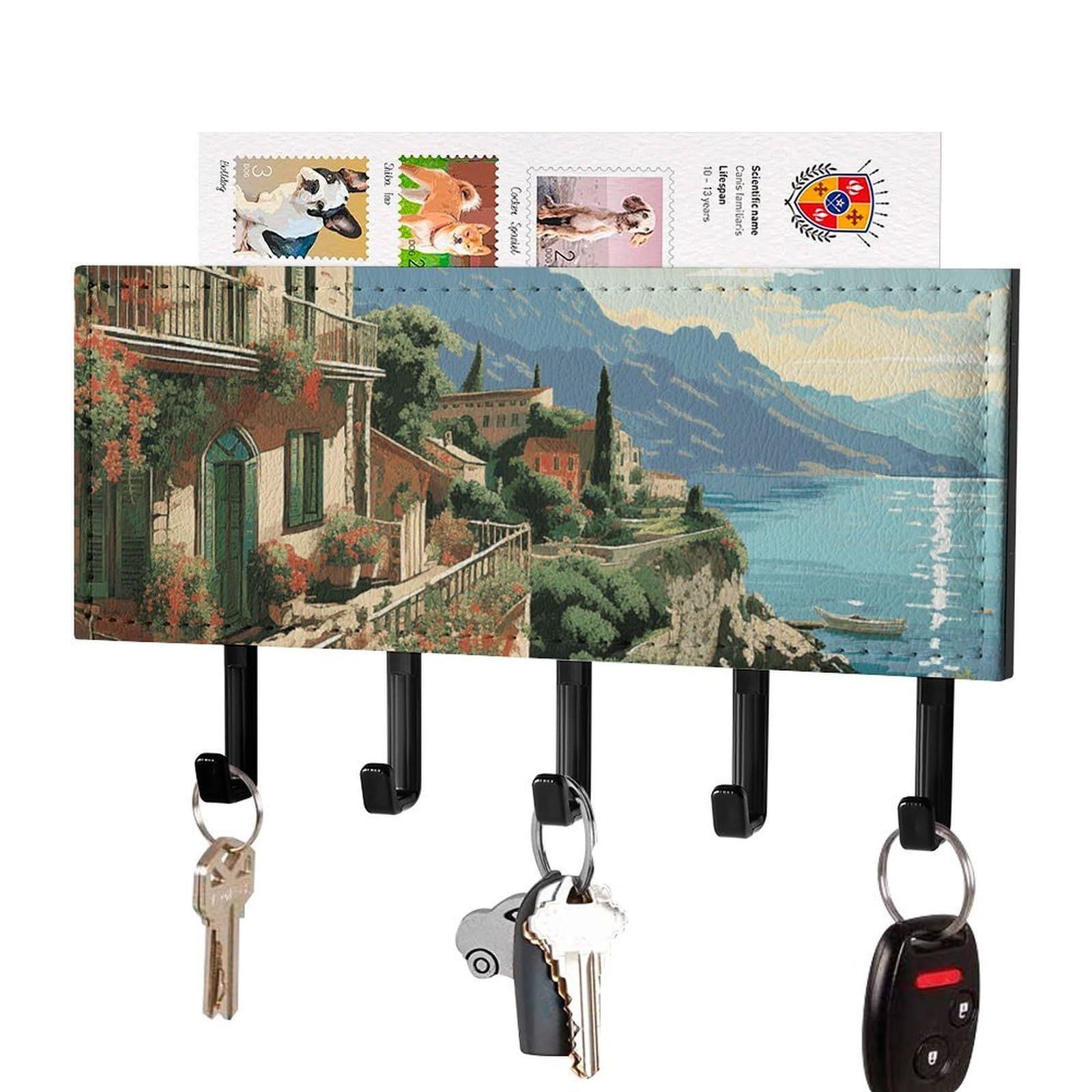 Fekiloot Black Mediterranean Summer Key Holder For Wall Adhesive, No Drilling, Key Hooks With 5 Hooks Wall Mounted, Self Adhesive Keys Rack For Entryway, Hallway, Living Room, Kitchen, Office