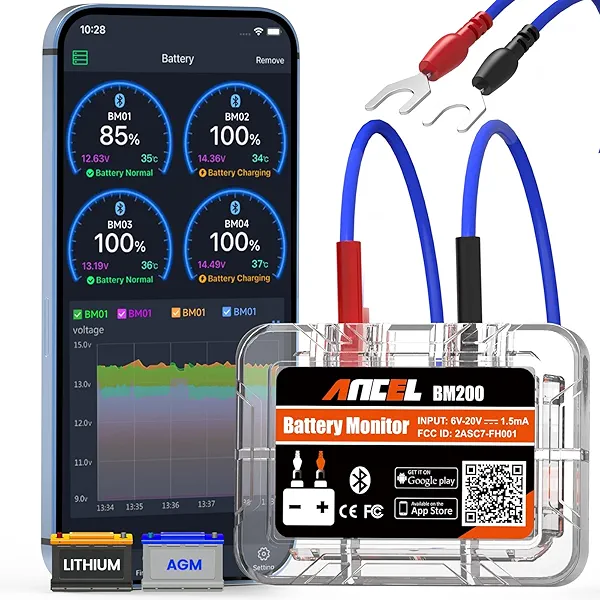 ANCEL BM200-US Car Battery Tester 12V Automotive Battery Monitor Bluetooth Auto Battery Load Tester with Cranking Charging Test Alarm Record Voltage History Voltmeter for Car/RV/Motorcycle/Truck/Boat