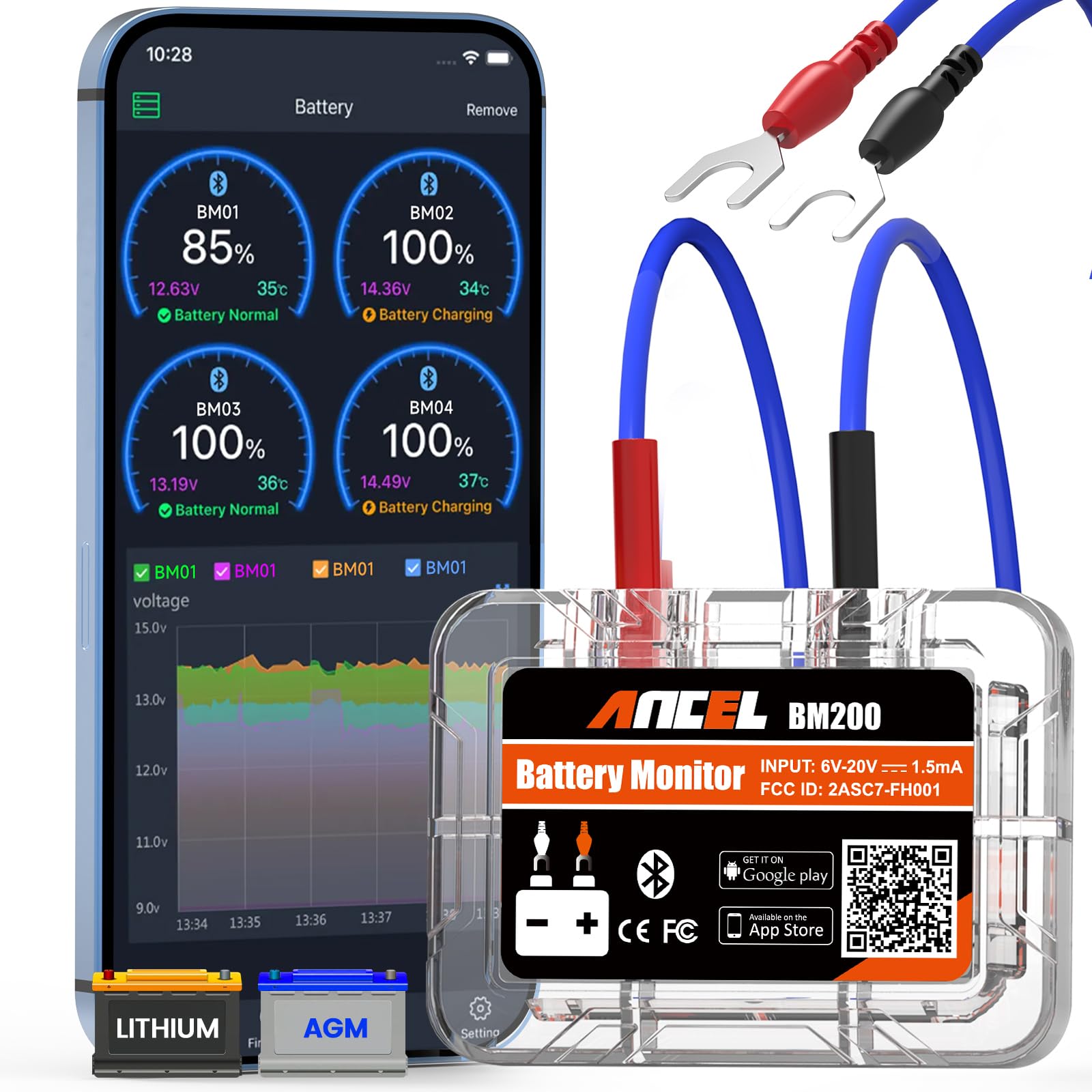 ANCEL BM200-US Car Battery Tester 12V Automotive Battery Monitor Bluetooth Auto Battery Load Tester with Cranking Charging Test Alarm Record Voltage History Voltmeter for Car/RV/Motorcycle/Truck/BoatGlobal Recycled StandardGlobal Recycled StandardGlobal Recycled Standard