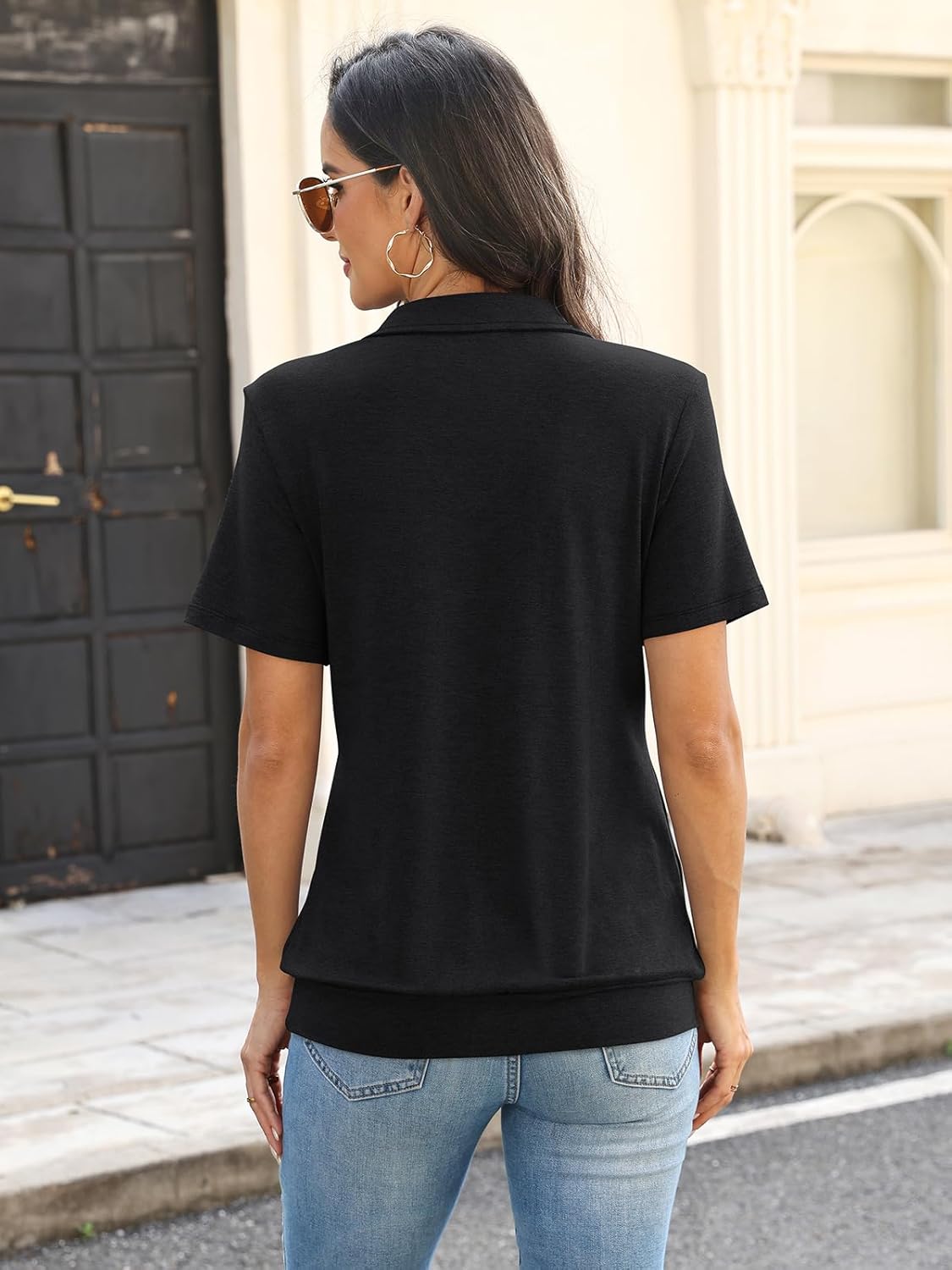 Womens Polo Shirts Short Sleeve Banded Bottom Tops Business Casual Tops Collared V Neck Dressy Blouses - Image 3