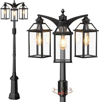 Outdoor Lamp Post Motion Sensor, Dusk to Dawn Pole Lights 3-Head, Classic Black 360Detection Waterproof Anti-Rust Aluminum Street Lighting for Yard Backyard Patio Driveway