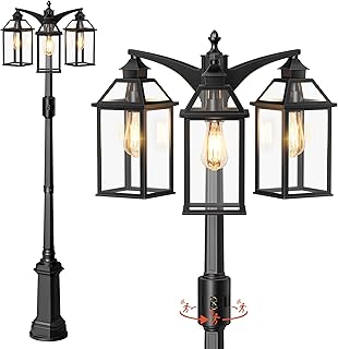 Outdoor Lamp Post Motion Sensor, Dusk to Dawn Pole Lights 3-Head, Classic Black 360°Detection