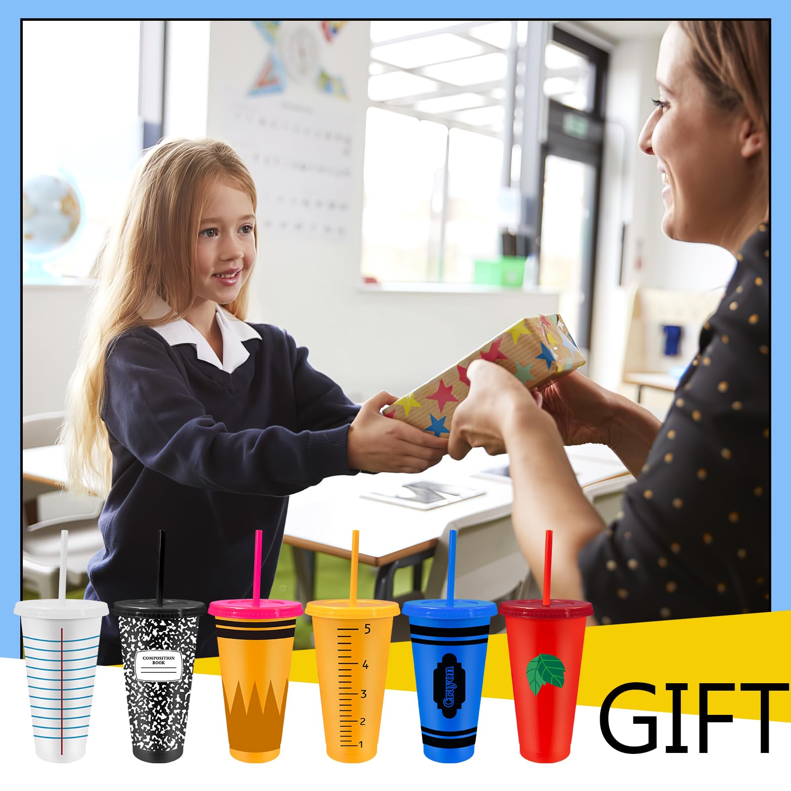 Lot de 24 gobelets réutilisables en plastique avec couvercle et paille - 710 ml - Pour cadeaux de fête, d'anniversaire, d'échange de salle de classe - Motifs de papeterie